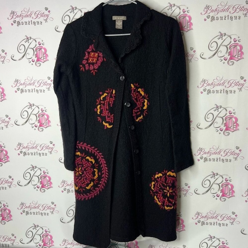 Kenar Coat Wool 100% Embroidery Floral Black Wool Coat With Vibrant Embroidery